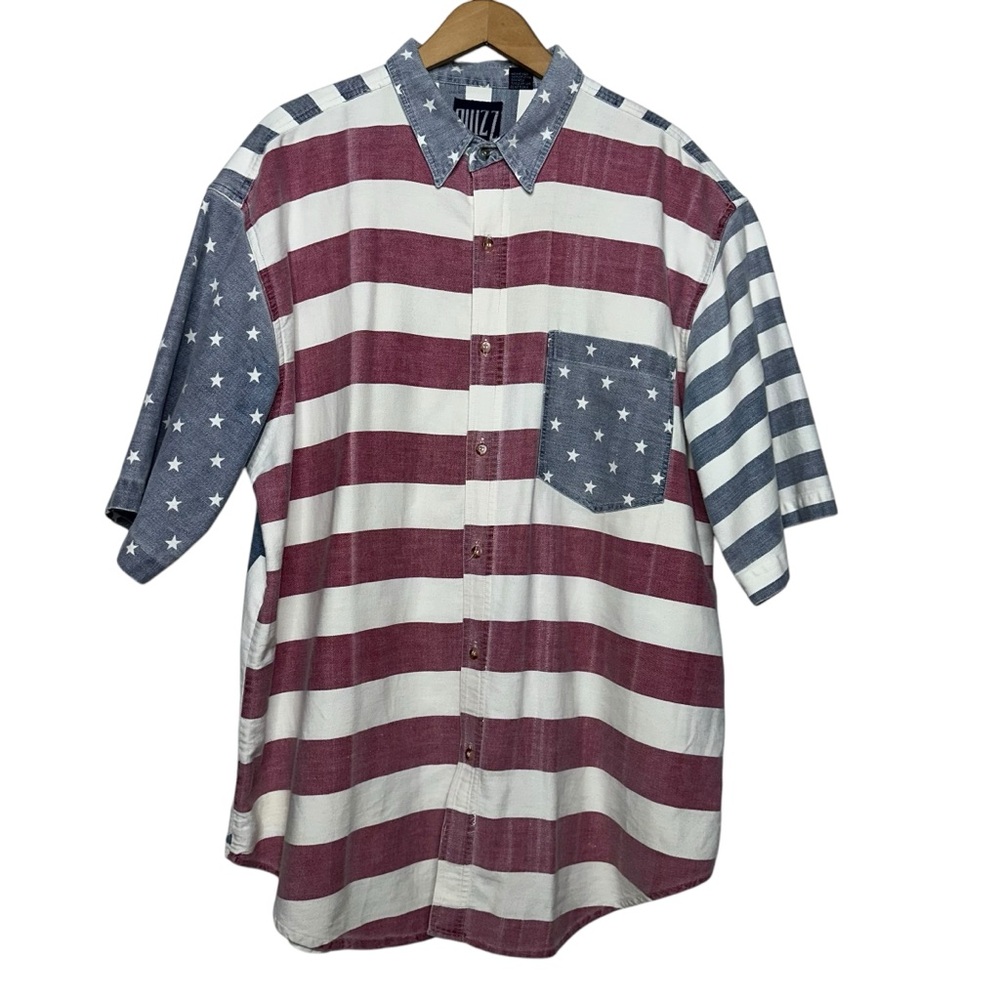 Vintage 90s Casual Red and White Button Down Shirt with Stars and Stripes